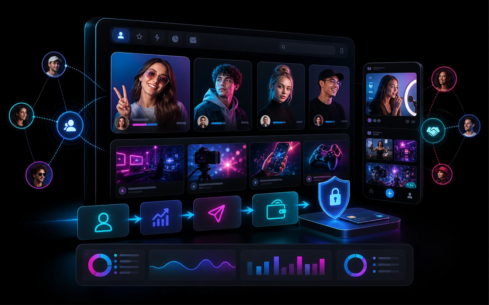 3D creator marketplace interface with campaign tiles, creator profiles, social video cards, and payment flow