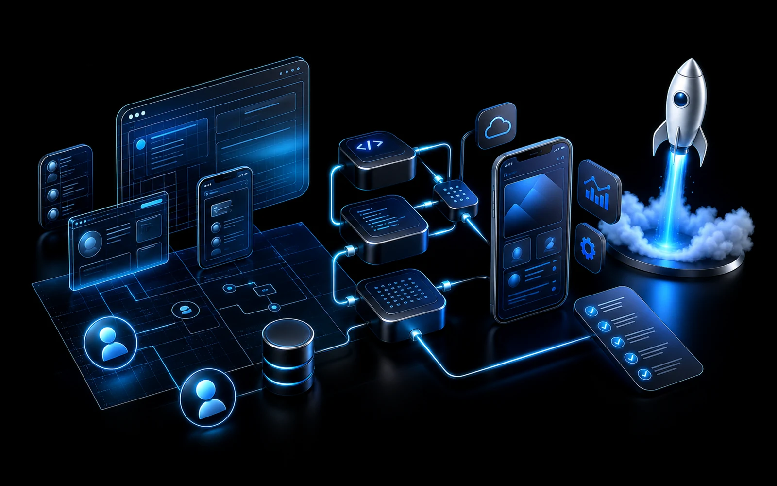 3D startup software build pipeline with web apps, mobile screens, APIs, QA, and launch systems