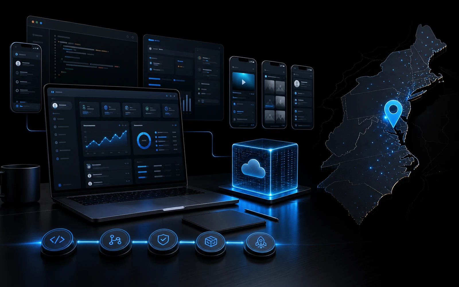 3D software development workspace with product dashboards, a map pin, cloud infrastructure, and launch systems