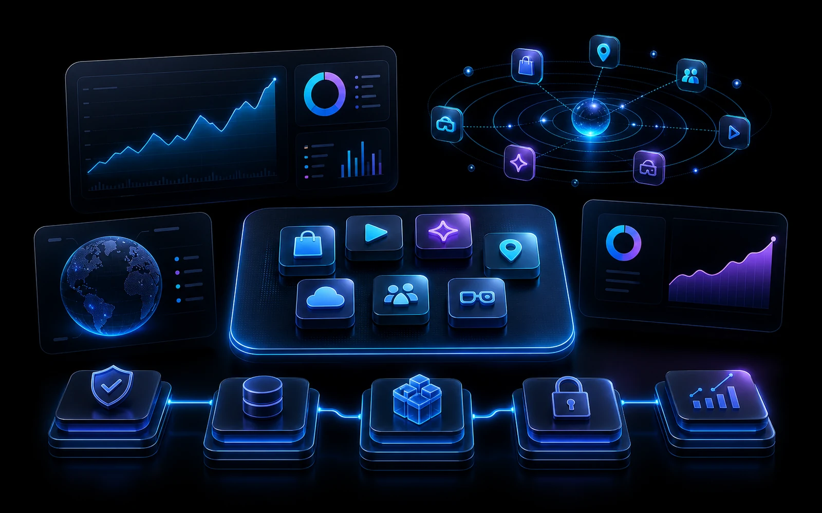 3D investor-ready product dashboard with portfolio tiles, growth arcs, metrics, and infrastructure layers