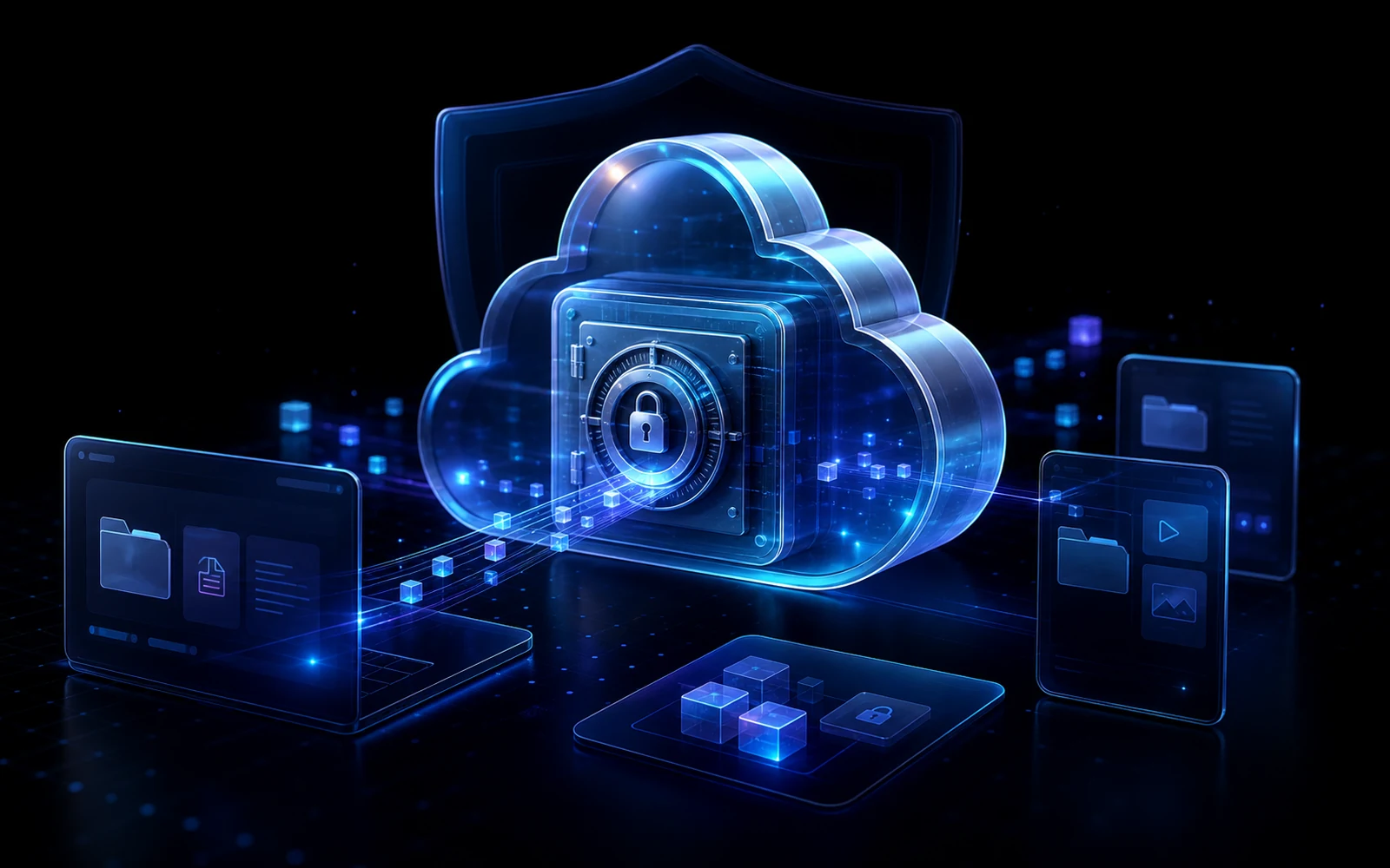 3D encrypted cloud vault with synced devices, secure file blocks, and shield-like infrastructure